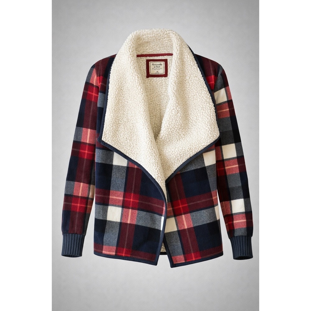 Abercrombie & Fitch Sherpa Lined Plaid Fleece Jacket Red Navy White Womens M